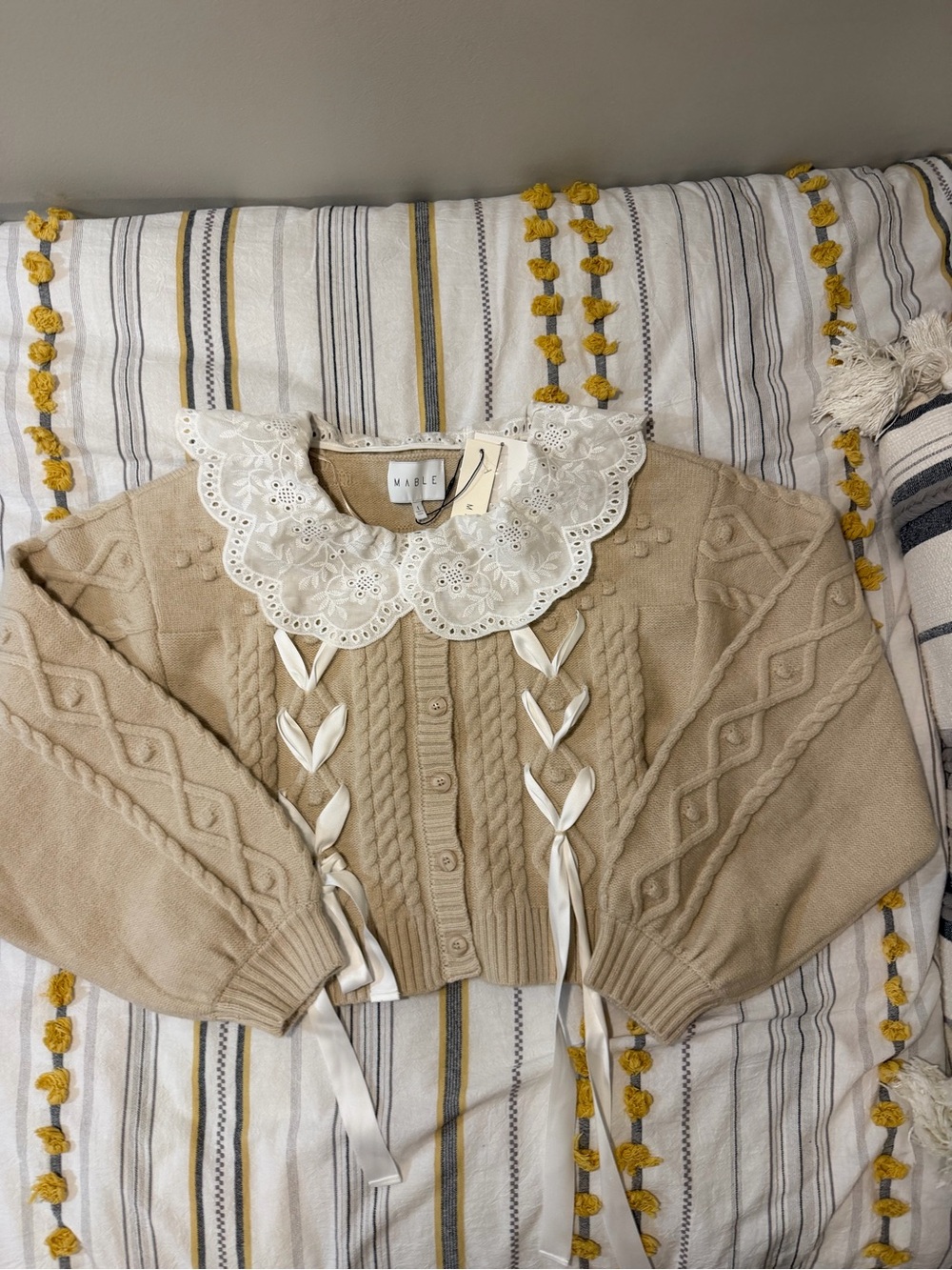 Mable Beige Cable Knit Cardigan with Lace Collar
